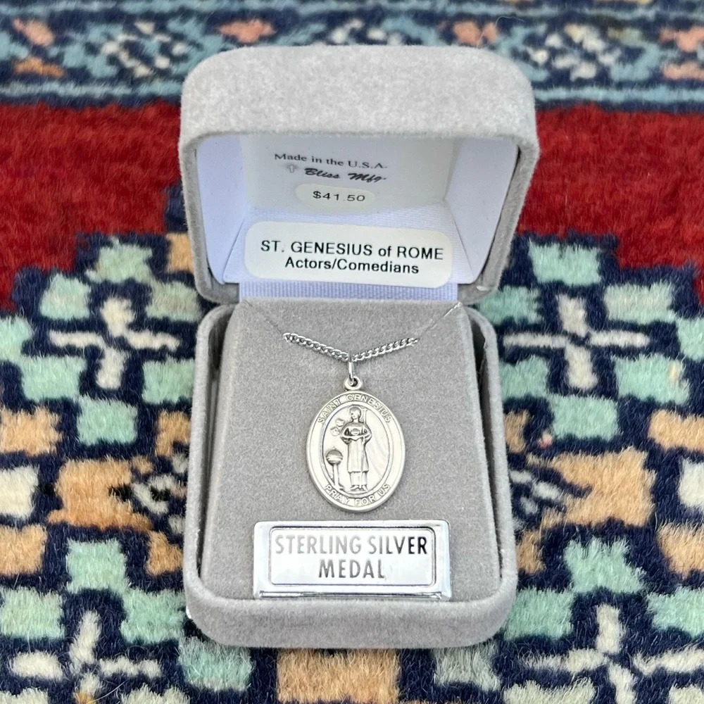 St. Genesius of Rome Sterling Silver Oval Religious Medal 18” Lite Curb Chain